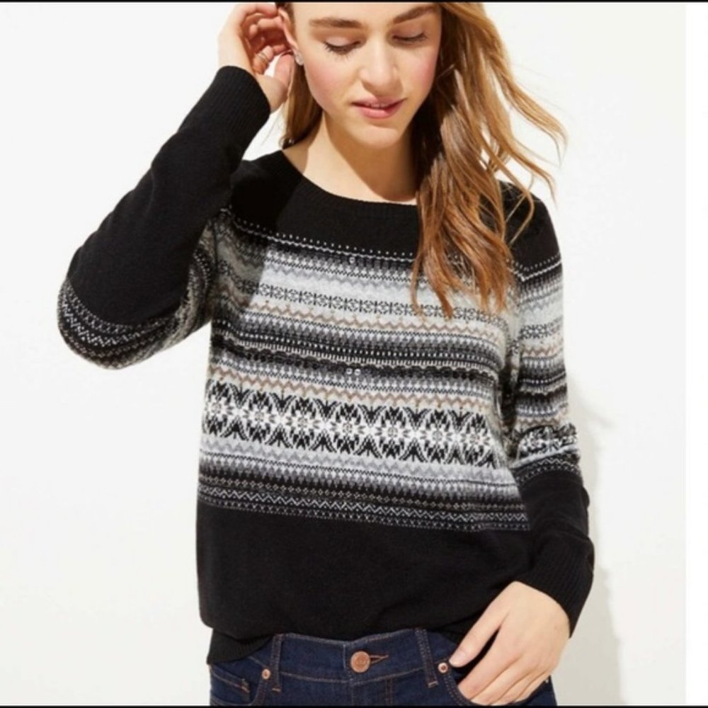 LOFT Wool Sequin Fairisle Black Sweater - XXS